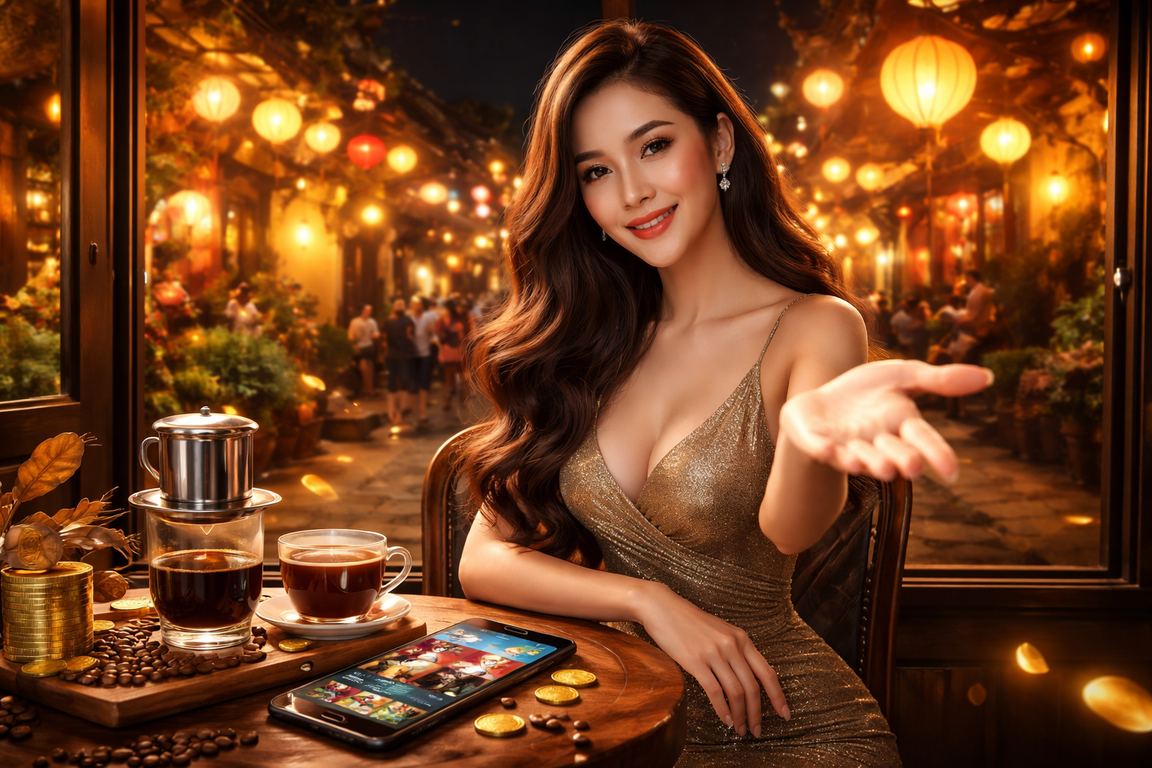 Người dùng tại Hội An ngồi cà phê tra kết quả xổ số và cá cược trực tuyến buổi trưa